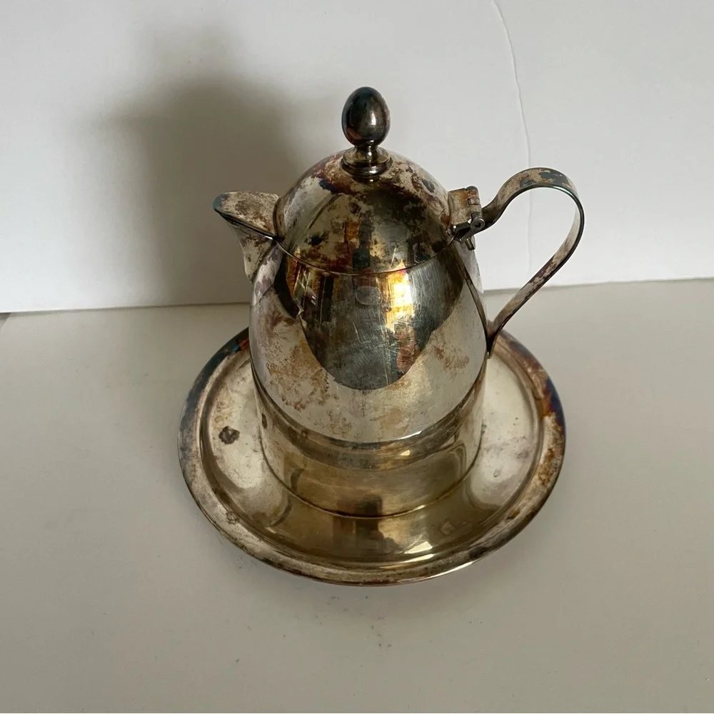 Apollo EPC Vintage Silverplate Silver Patina Cream Pot Attached Saucer Plate